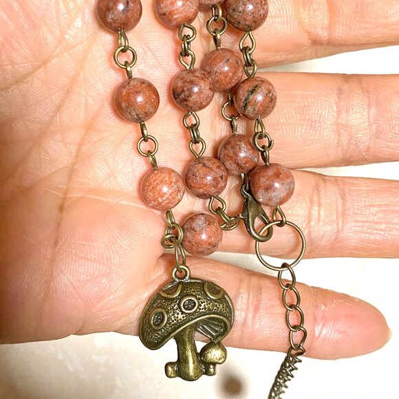Genuine Red Jasper Short Necklace, Cute Bronze Round Mushroom + Natural Gemstone - Picture 14 of 14